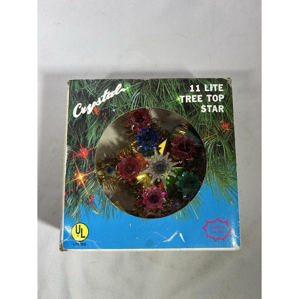Vintage Crystal Lighted Multi Color Star Christmas Tinsel Tree Topper Lights